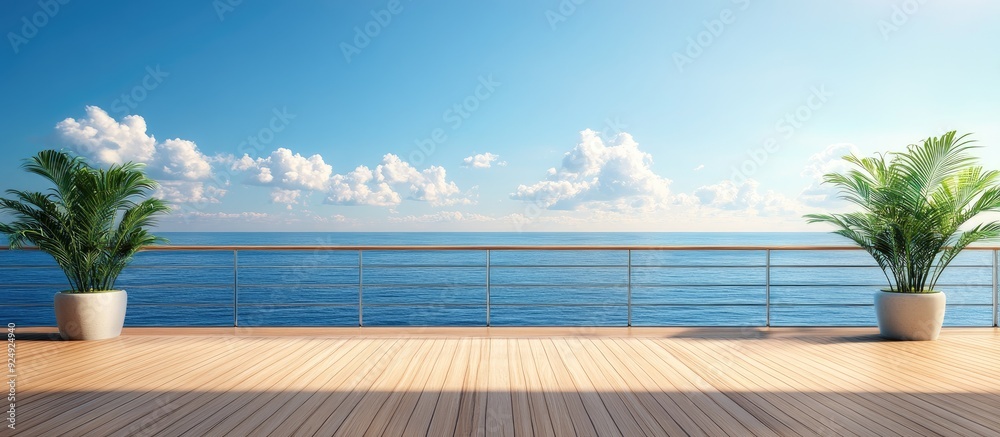 Poster empty wooden platform in front of a sea backdrop within a cruise ship. with copy space image. Place for adding text or design