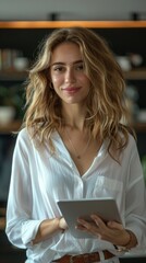 Blonde woman in white shirt with wavy hair, holding tablet, smiles at camera in blurred background.