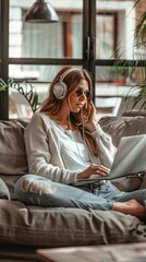 Obraz premium Woman in white sweater, glasses, and headphones on sofa with laptop and phone in hand. Serene room with plants and natural light, blending productivity and relaxation.