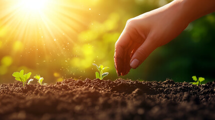 Fototapeta premium Sunlit close-up of a farmer’s hand cradling a seed in rich soil, embodying the essence of sustainable agriculture and food production.
