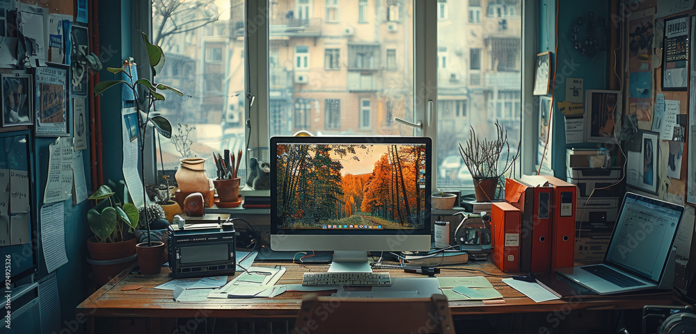 Leinwandbilder an computer on a desk in a cozy room. there are falling working papers and work messes all around. g