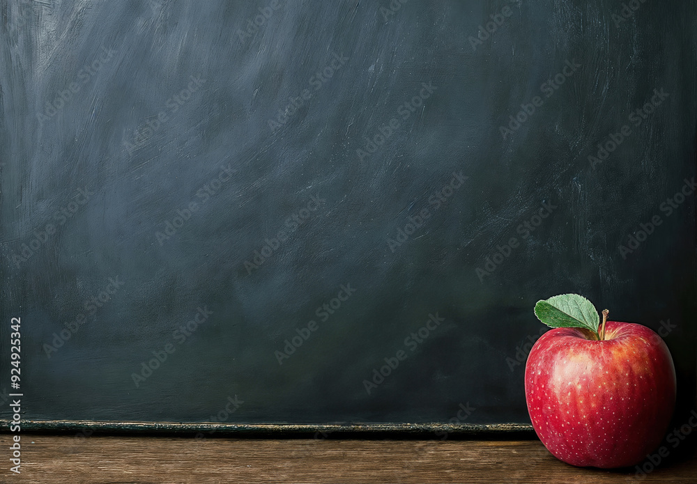 Aufkleber Red apple with a green leaf sits on a wooden desk in front of an empty chalkboard, start of a new school year concept
