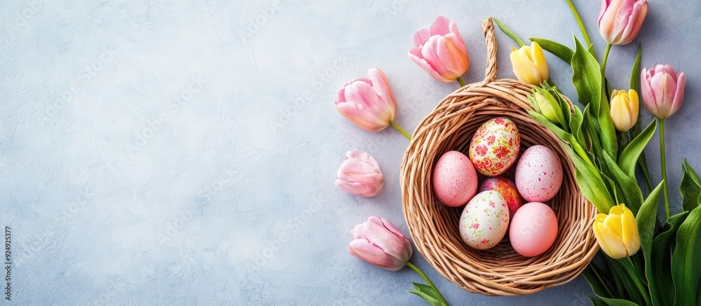 Leinwandbilder basket filled with easter eggs and pink tulips on a perfect spring backdrop spring and easter theme 