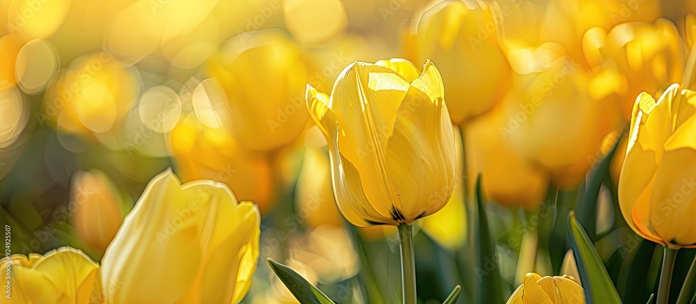 Fototapete yellow tulips set against a white background. with copy space image. place for adding text or design
