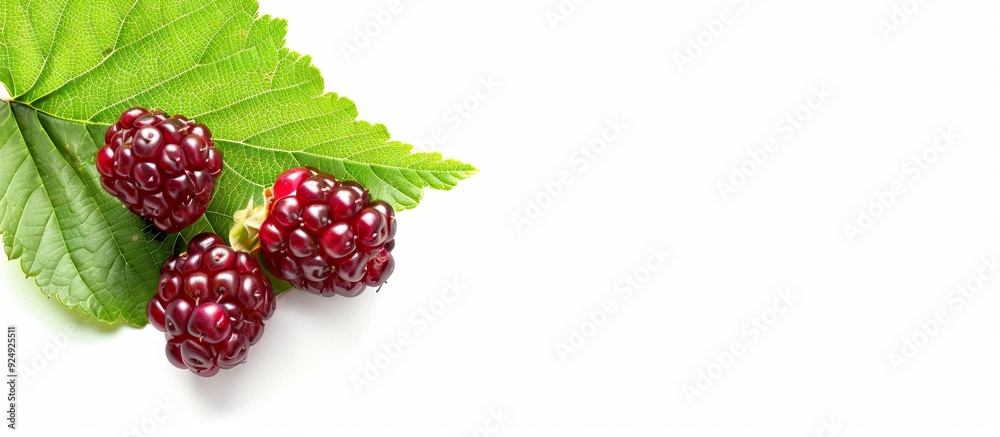 Fototapete mulberry fruit with a green leaf on a white background. with copy space image. place for adding text