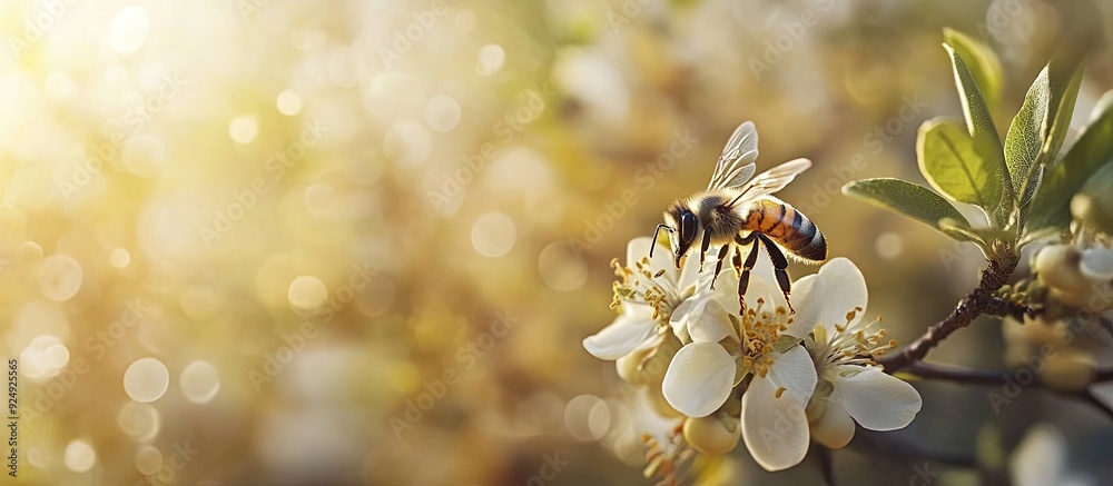 Fototapete A bee pollinates a flower on a fruit tree in early spring Spring backdrop. with copy space image. Place for adding text or design