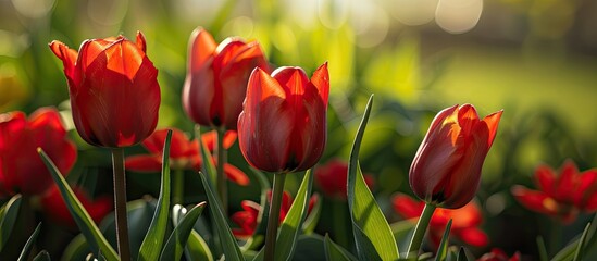 Close up of red tulips in bloom on a flowerbed. with copy space image. Place for adding text or design