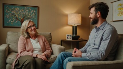 A therapist and a patient engaged in a supportive conversation in a warm, inviting therapy room