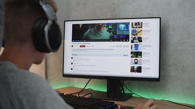 Caucasian teenager in headphones watches educational video about color grading on personal computer at home. Video hosting website with blogger content about color correction displayed on PC screen.
