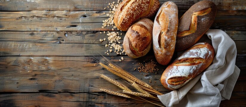 Fresh bread on an old wooden table Top view with room for your text. with copy space image. Place for adding text or design