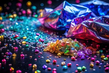 Obraz premium Vibrant synthetic glitter particles scattered on a dark background, accentuated by the reflective sheen of crumpled, wet polyethylene, with selective focus emphasizing textural contrast.