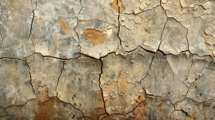 Obraz premium A cracked wall background with prominent fractures and weathered paint, creating a sense of age and decay that adds unique character and texture to any design project
