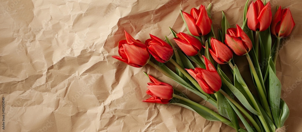 Poster red tulip bouquet wrapped in craft paper on a beige background copy space top view