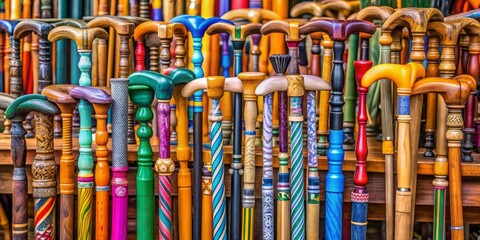 Colorful walking sticks line the shelves of a pharmacy in Bali, providing essential aid for elderly and young individuals in need of balance support.