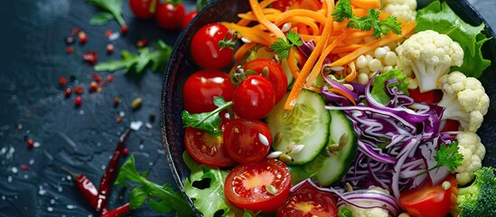 Vegetable salad featuring tomatoes carrots cauliflower and bell peppers with a sauce Healthy food option Keto diet Copy space