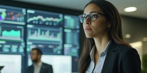 Focused woman in business suit in trading environment