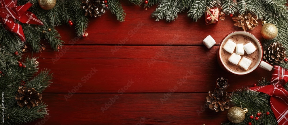 Poster christmas backdrop featuring a fir tree hot chocolate and marshmallow top view with copy space