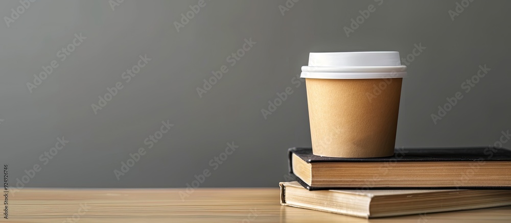 Poster Coffee in a disposable cup next to a stack of books on the table close up with space for text. with copy space image. Place for adding text or design