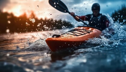 Fototapeta premium Kayaking through rapids, vibrant waterways, dynamic action, water sports