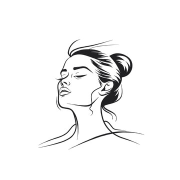 recommend clip art: Vector graphic drawing of an elegant woman with closed eyes in a simple line art style, on a white background, sleek, modern, and minimalistic design features