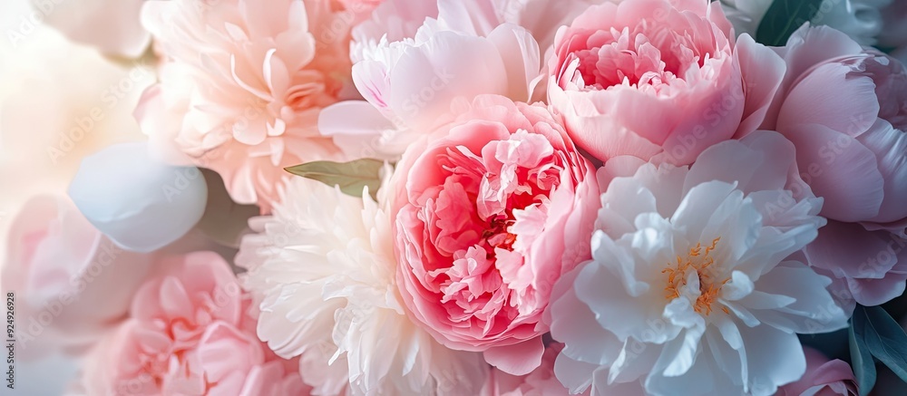 Poster bouquet of fresh pink peonies and roses card concept pastel hues close up image. with copy space ima