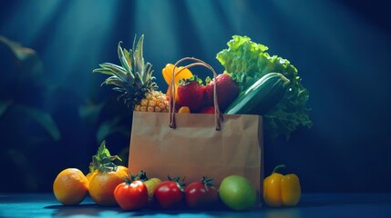 Fresh Produce in a Paper Bag on a Blue Background