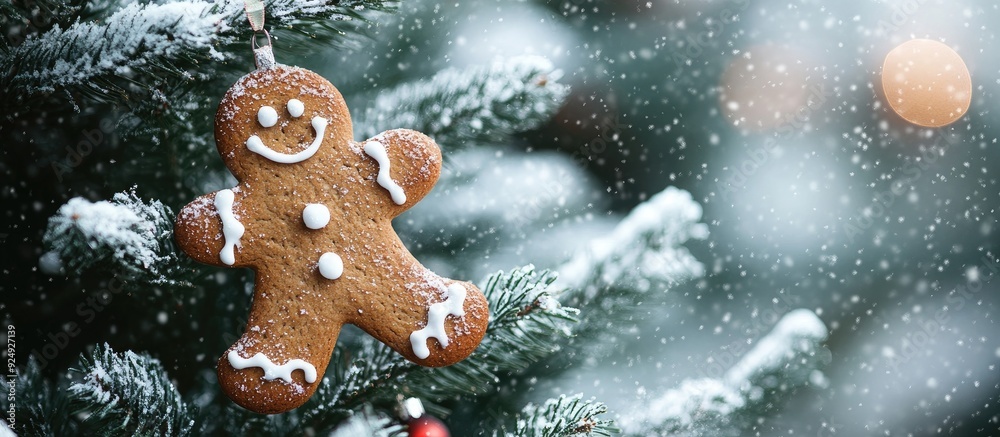 Aufkleber Gingerbread man ornament on a Christmas tree with snow falling. with copy space image. Place for adding text or design