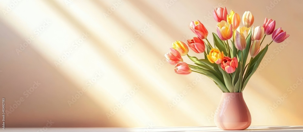 Aufkleber Vibrant table arrangements and tulip blooms in a vase on a table against a light backdrop. with copy space image. Place for adding text or design