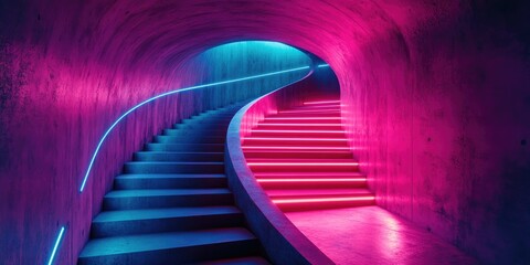 Concrete Staircase Illuminated by Neon Lights in a Tunnel