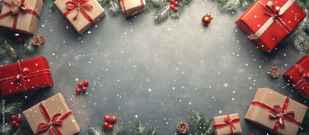 Poster christmas backdrop featuring adorned gifts gray backdrop snow effect top view copyspace