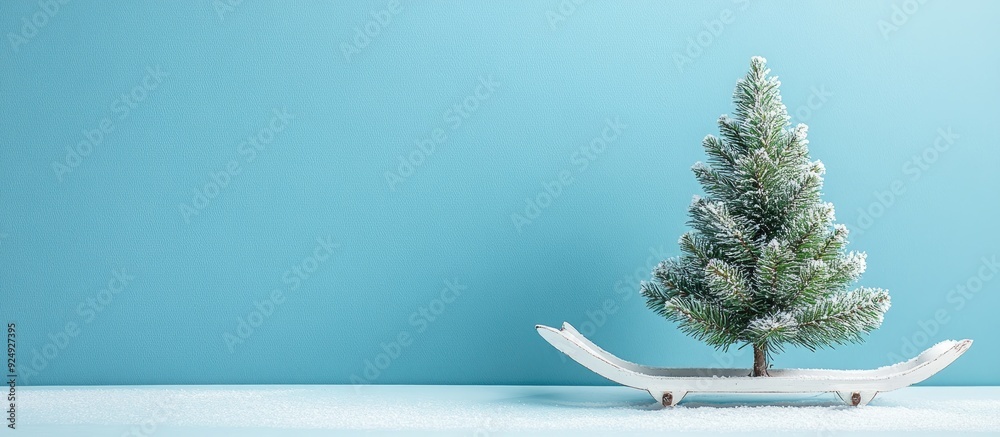 Poster christmas composition idea image of a small christmas tree on a white cute sled set against a blue b