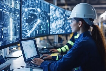 Engineer monitoring industrial data on multiple screens.