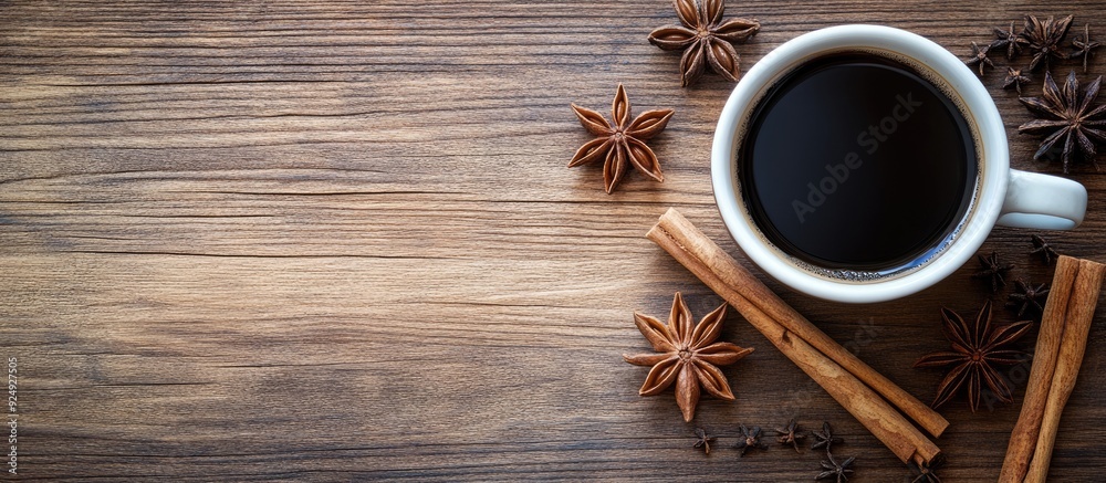 Leinwandbilder a cup of coffee with cinnamon and anise stars on a deep wooden surface. with copy space image. place