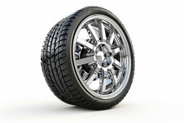 Obraz premium Shiny new car tire with detailed tread and chrome rim on white background. Automotive accessory. High-quality and carefully detailed. Perfect for advertising and design. Generative AI