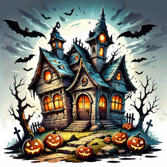 Scary Hilltop House with a Witch and Halloween Pumpkins