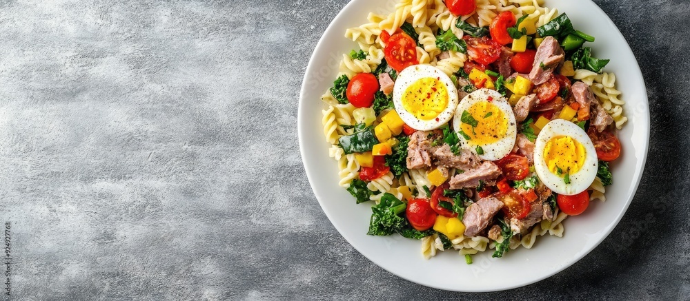 Poster pasta salad featuring preserved tuna vegetables and eggs served on a white plate against a light sla
