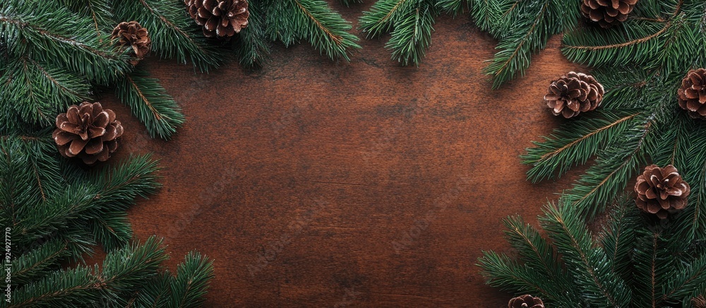 Poster template for a christmas card featuring a fir tree border and copy space wooden table alongside natu