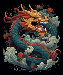 A colorful dragon surrounded by clouds and roses in a mythical landscape