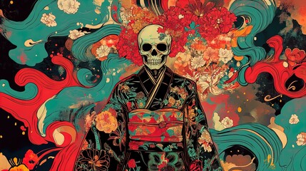 Samurai Spirit: A Mystical Skull-Faced Warrior Poster for Sporty Interiors – Intricate Robes, Vibrant Floral Embroidery, and Dynamic Red/Aqua Patterns Evoking Power and Mysticism