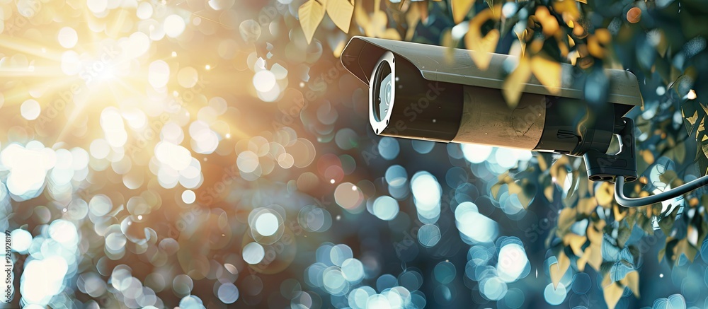 Poster close up of a cctv camera with a blurred background and copy space