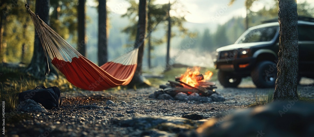 Poster Perspective of a camping site featuring a hammock and a campfire in the background SUV off road lifestyle. with copy space image. Place for adding text or design