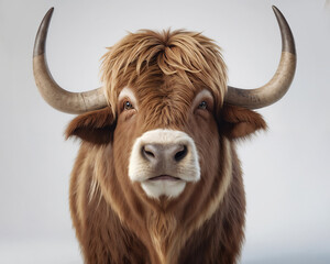 Naklejka premium Adorable Fluffy brown Cow headshot portrait, isolated white background