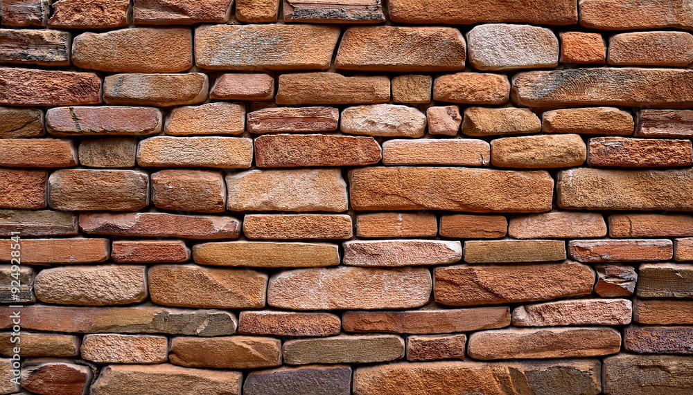 Poster textured pattern of interlocking multi-sized sandstone bricks in earthy tones of beige tan brown, st