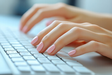 Image of a pair of female hands typing on a computer keyboard.