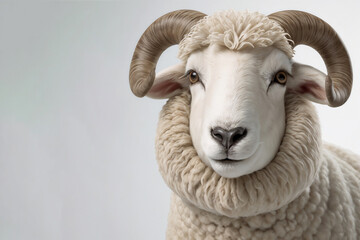 Happy Fluffy Sheep headshot portrait, isolated white background