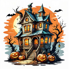 Witch's Cottage in a Spooky Forest with Halloween Decorations