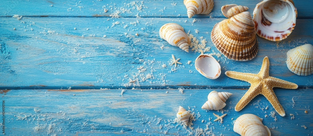 Poster Idea of summer with sea shells on a blue wooden background. with copy space image. Place for adding text or design