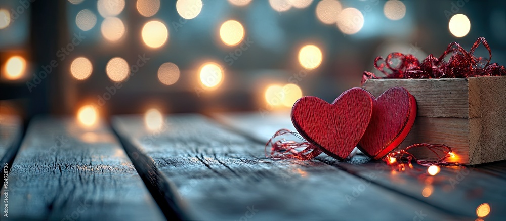 Poster two wooden hearts on a wooden surface with blurred lights and a box of holiday decorations happy val