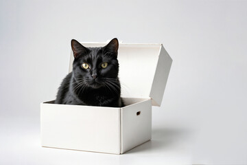 Cute black cat playfully pop up from inside a white box, isolated white background