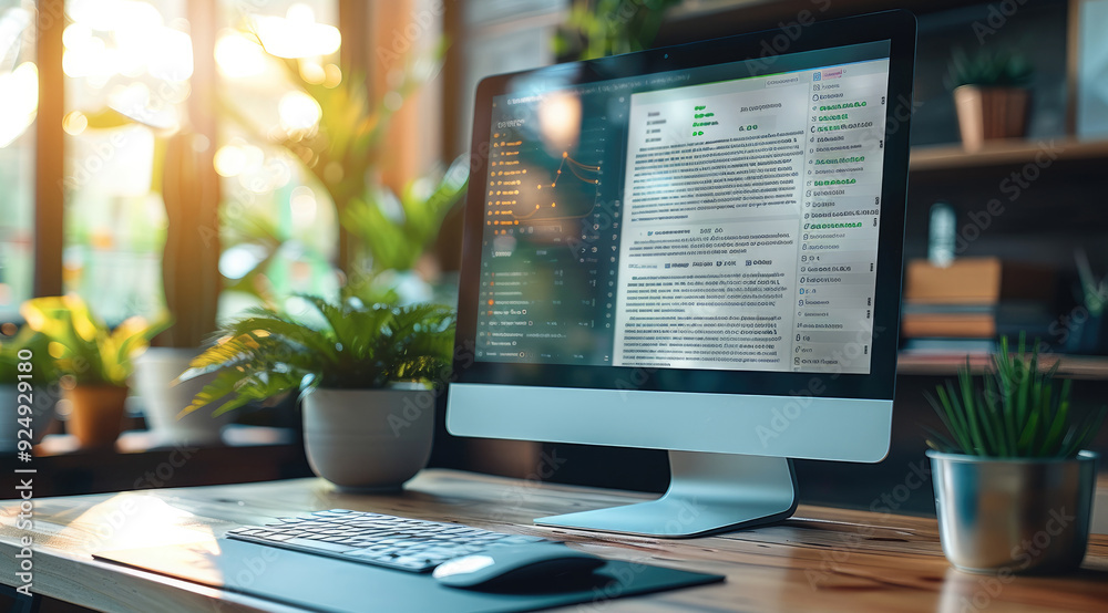 Poster Professional workspace featuring a desktop computer with an online shopping website and a customer support email open, with copy space. Generative AI.